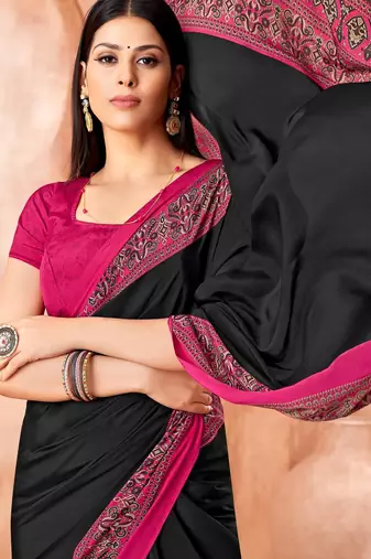 Black traditional floral print silk crepe modern style saree with blouse