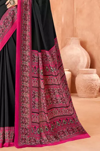 Black traditional floral print silk crepe modern style saree with blouse