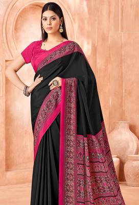 Black traditional floral print silk crepe modern style saree with blouse 4
