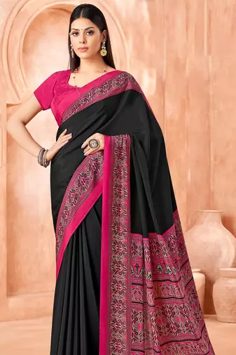 Black traditional floral print silk crepe modern style saree with blouse