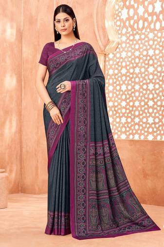 Slate grey traditional floral print silk crepe modern style saree with blouse