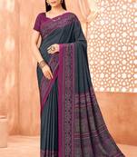 Slate grey traditional floral print silk crepe modern style saree with blouse