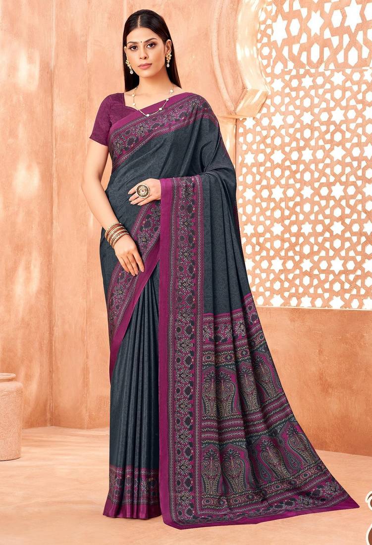 Slate grey traditional floral print silk crepe modern style saree with blouse