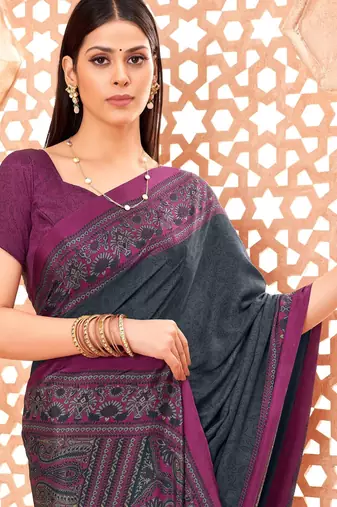 Slate grey traditional floral print silk crepe modern style saree with blouse