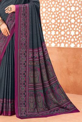 Slate grey traditional floral print silk crepe modern style saree with blouse 3