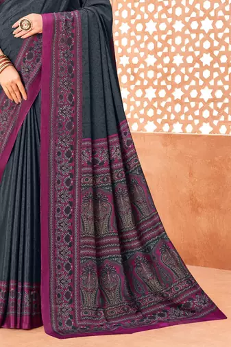 Slate grey traditional floral print silk crepe modern style saree with blouse