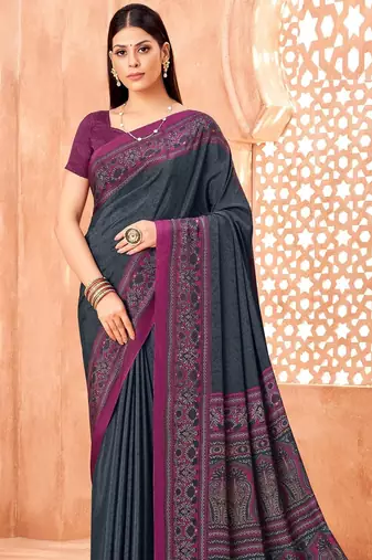 Slate grey traditional floral print silk crepe modern style saree with blouse