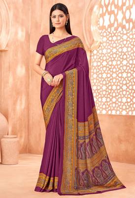 Wine traditional floral print silk crepe modern style saree with blouse 1