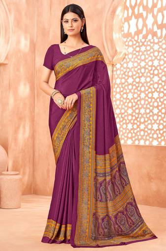 Wine traditional floral print silk crepe modern style saree with blouse