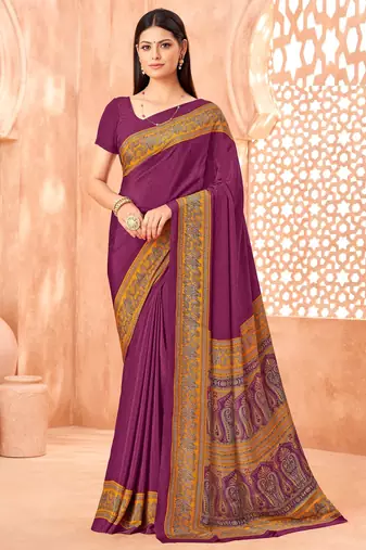 Wine traditional floral print silk crepe modern style saree with blouse