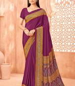 Wine traditional floral print silk crepe modern style saree with blouse