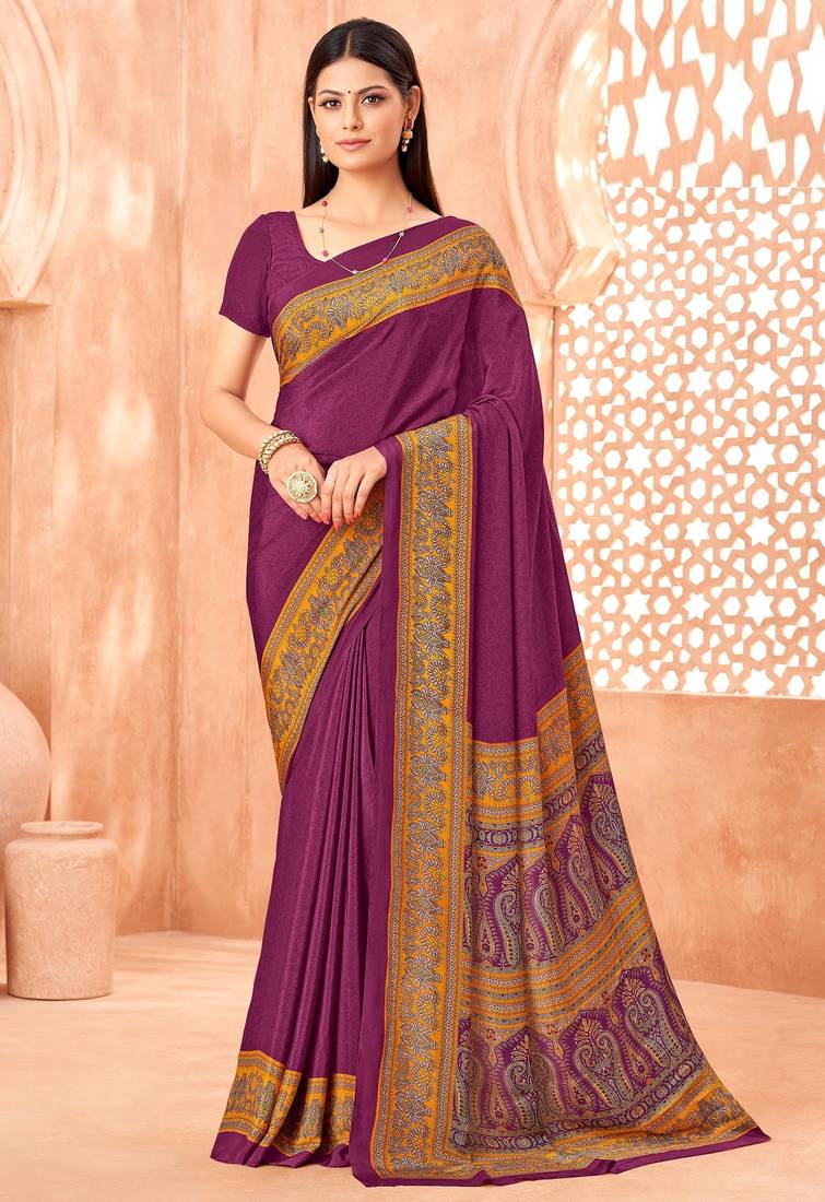 Wine traditional floral print silk crepe modern style saree with blouse