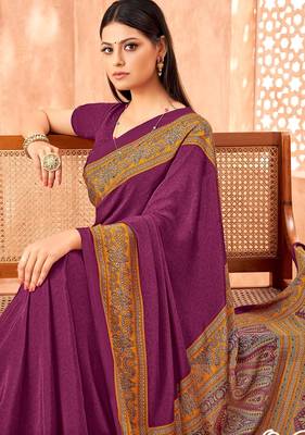 Wine traditional floral print silk crepe modern style saree with blouse 2