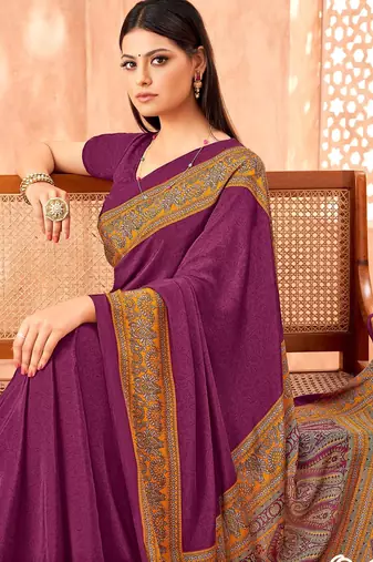 Wine traditional floral print silk crepe modern style saree with blouse