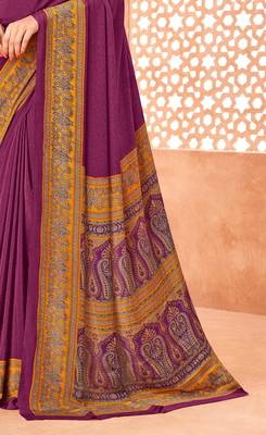 Wine traditional floral print silk crepe modern style saree with blouse 3