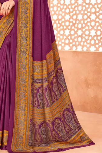 Wine traditional floral print silk crepe modern style saree with blouse