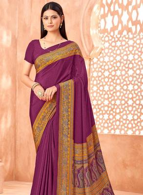 Wine traditional floral print silk crepe modern style saree with blouse 4