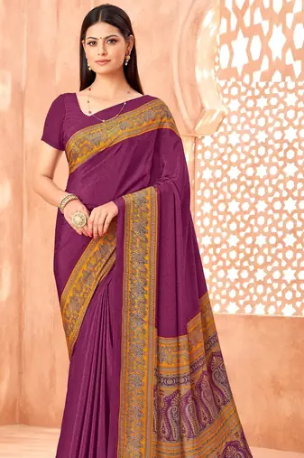 Wine traditional floral print silk crepe modern style saree with blouse