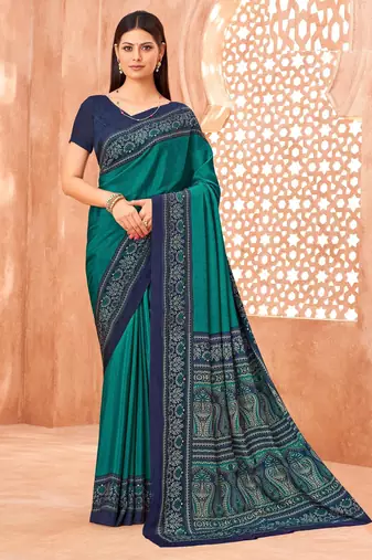 Sea green traditional floral print silk crepe modern style saree with blouse