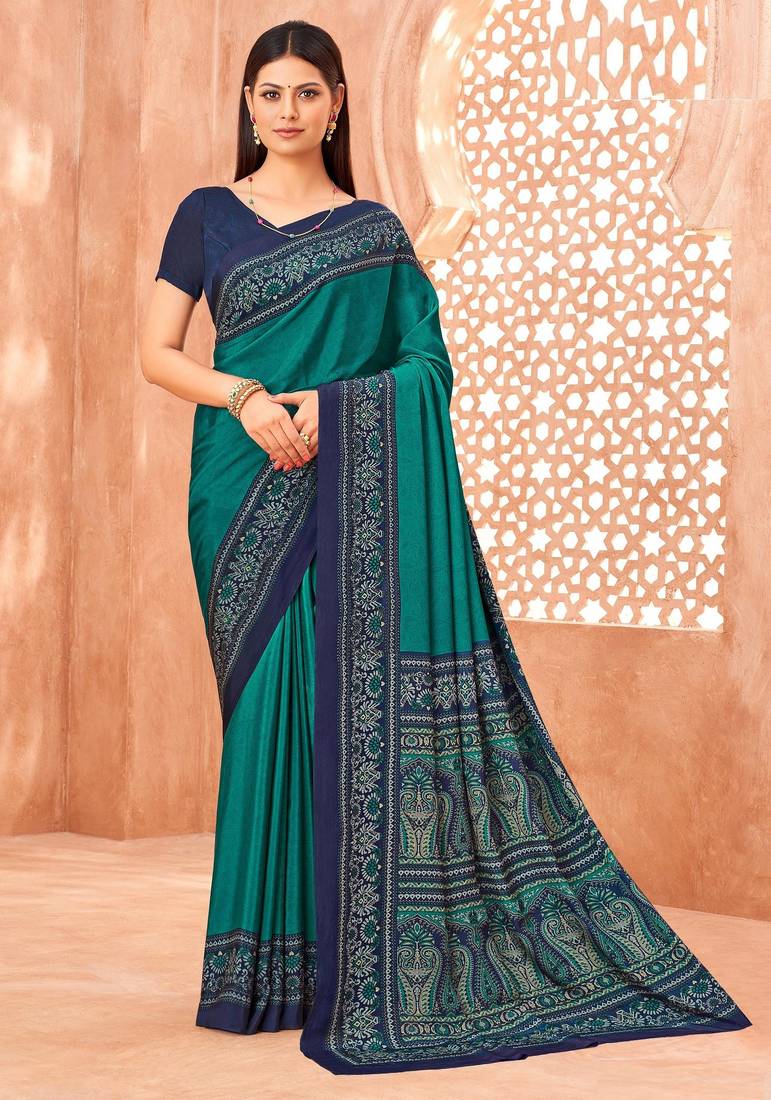 Sea green traditional floral print silk crepe modern style saree with blouse