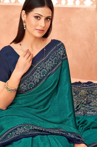 Sea green traditional floral print silk crepe modern style saree with blouse