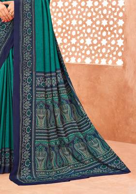Sea green traditional floral print silk crepe modern style saree with blouse 3