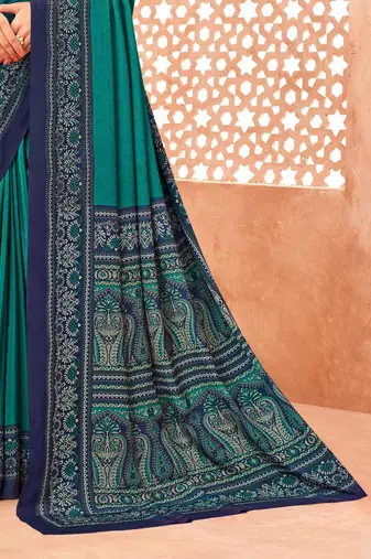 Sea green traditional floral print silk crepe modern style saree with blouse