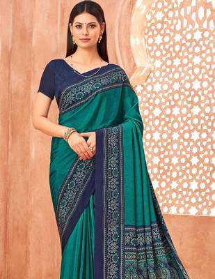 Sea green traditional floral print silk crepe modern style saree with blouse 4