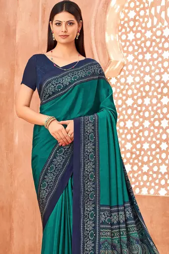 Sea green traditional floral print silk crepe modern style saree with blouse