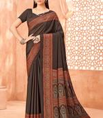 Coffee brown traditional floral print silk crepe modern style saree with blouse