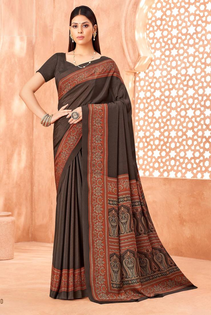 Coffee brown traditional floral print silk crepe modern style saree with blouse