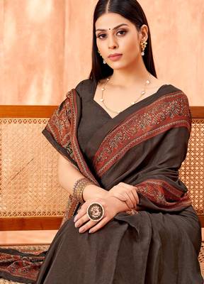 Coffee brown traditional floral print silk crepe modern style saree with blouse 2