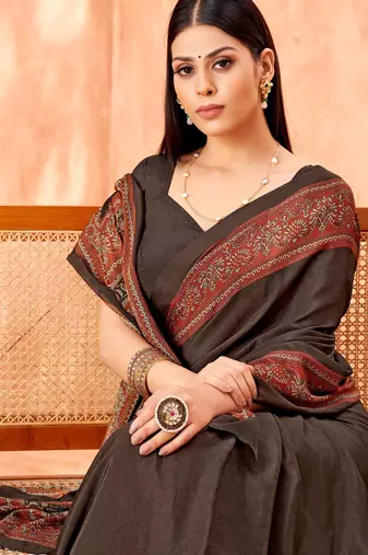 Coffee brown traditional floral print silk crepe modern style saree with blouse