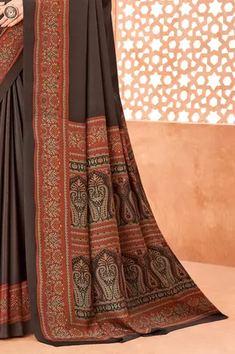 Coffee brown traditional floral print silk crepe modern style saree with blouse