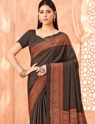 Coffee brown traditional floral print silk crepe modern style saree with blouse 4