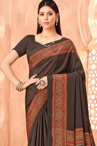Coffee brown traditional floral print silk crepe modern style saree with blouse