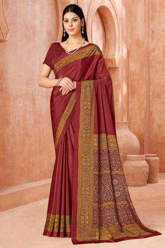 Maroon traditional floral print silk crepe modern style saree with blouse