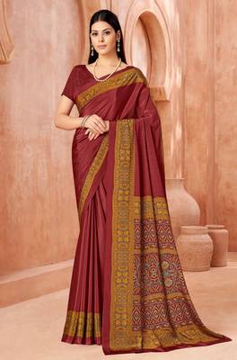 Maroon traditional floral print silk crepe modern style saree with blouse 2