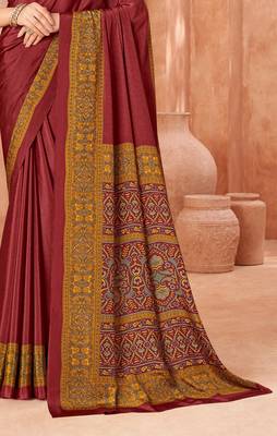 Maroon traditional floral print silk crepe modern style saree with blouse 3