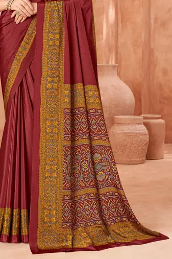 Maroon traditional floral print silk crepe modern style saree with blouse