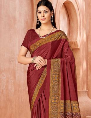 Maroon traditional floral print silk crepe modern style saree with blouse 4