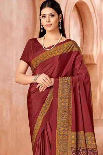 Maroon traditional floral print silk crepe modern style saree with blouse
