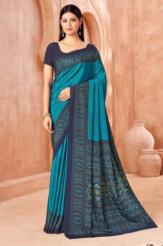 Sky blue traditional floral print silk crepe modern style saree with blouse