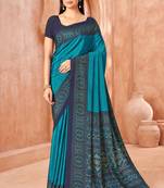 Sky blue traditional floral print silk crepe modern style saree with blouse