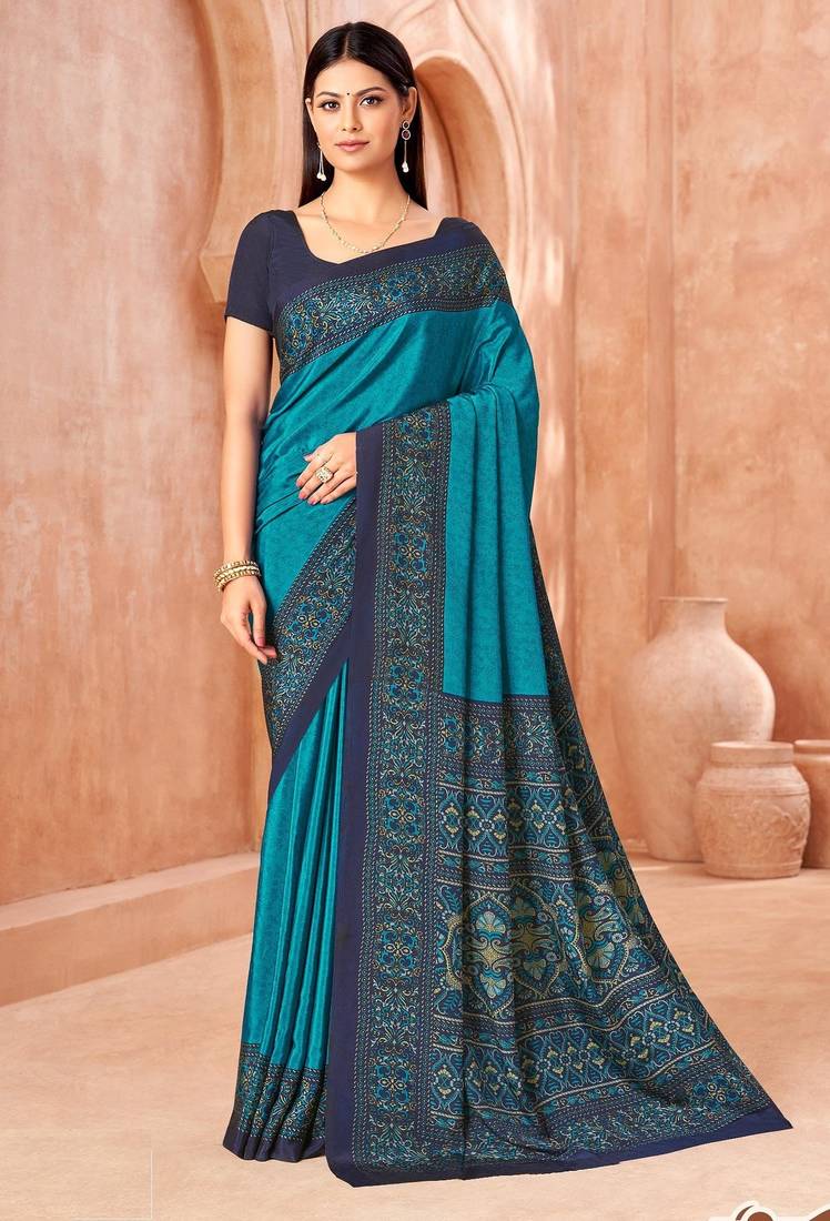 Sky blue traditional floral print silk crepe modern style saree with blouse