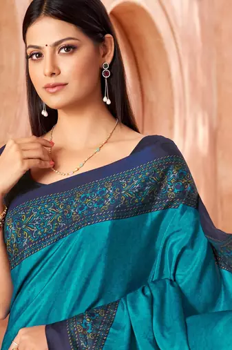 Sky blue traditional floral print silk crepe modern style saree with blouse
