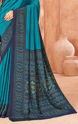 Sky blue traditional floral print silk crepe modern style saree with blouse 3