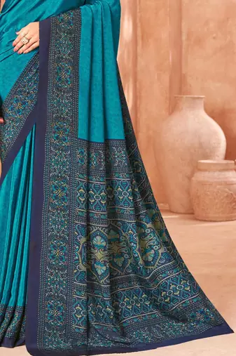 Sky blue traditional floral print silk crepe modern style saree with blouse