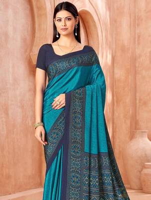 Sky blue traditional floral print silk crepe modern style saree with blouse 4