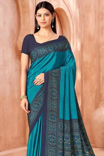 Sky blue traditional floral print silk crepe modern style saree with blouse